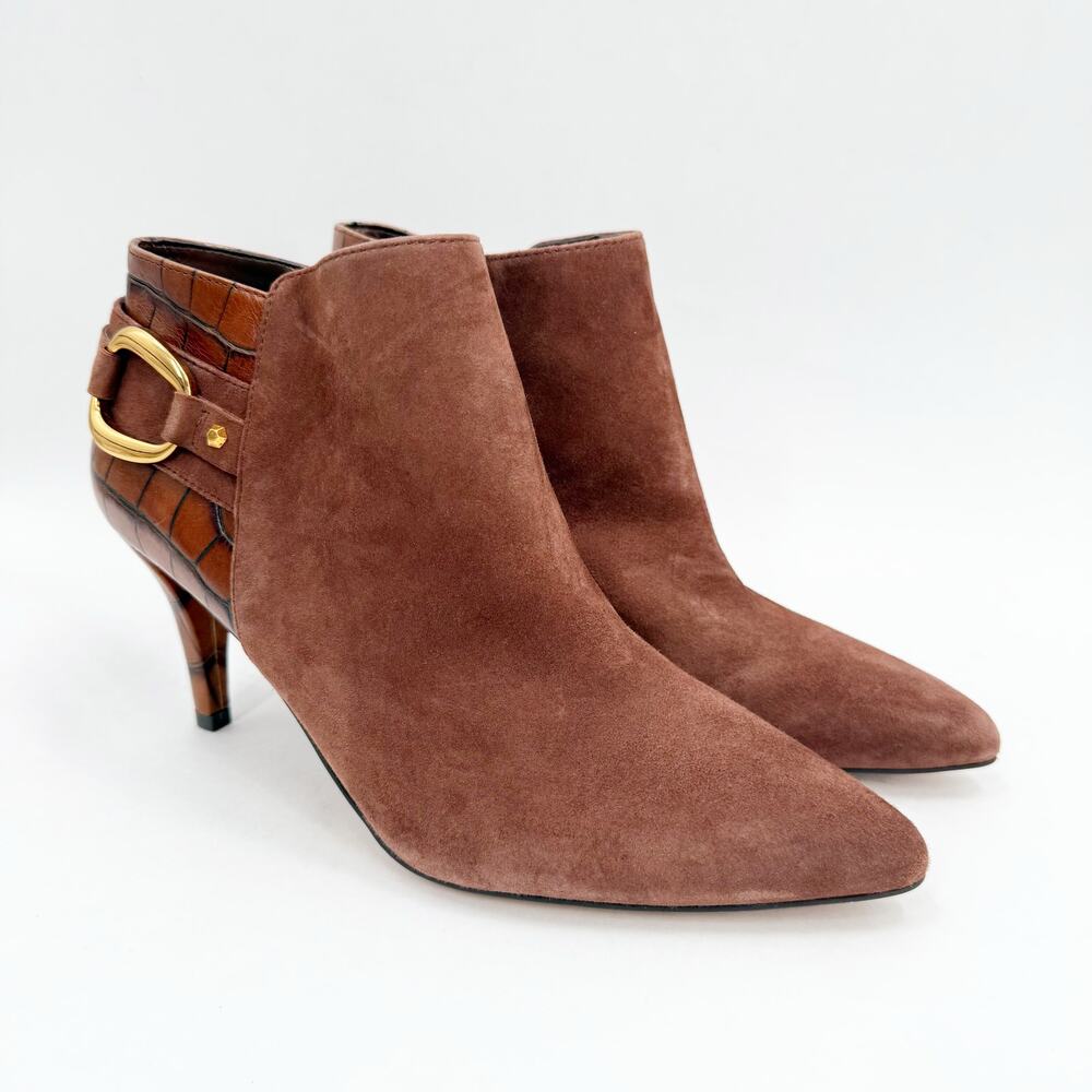 VINCE CAMUTO Selmente Boots SZ 8.5 NWOT Brown Suede Gold Heel Bootie Zipper Croc